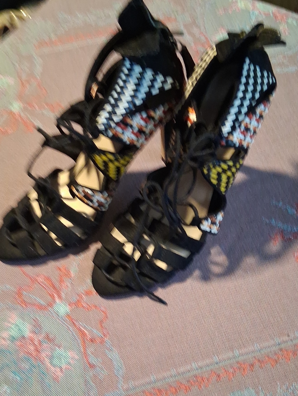 Zara Black Lace-Up Heels with Multicolor Woven Detail